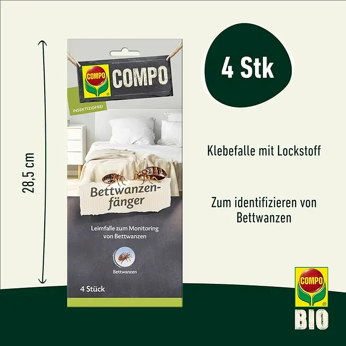 Compo Klebefalle Bettwanzenfänger - 4 Stk. - Produktverpackung Compo Bettwanzenfänger. Klebefalle zur Identifizierung von Bettwanzen mit Lockstoff, insektizidfrei, 4 Stück.