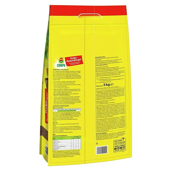 Compo Rasendünger Turbo - 5 kg, Max. Anwendungsfläche: 130 m² - COMPO Turbo-Rasendünger für einen dichten, sattgrünen Rasen, mit Mykorrhiza für verbesserte Nährstoffaufnahme. Einfach auszubringen, auch für Mähroboter.