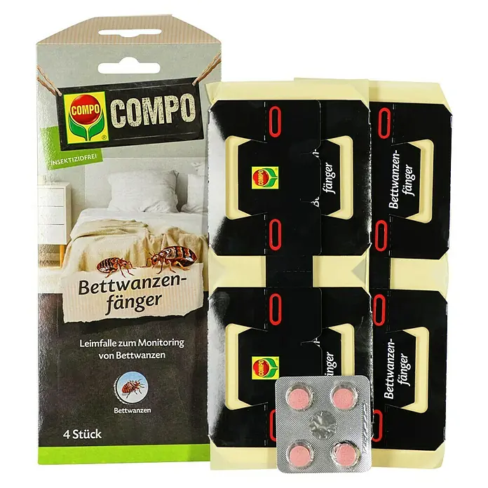 Compo Klebefalle Bettwanzenfänger - 4 Stk. - Packung Compo Bettwanzenfänger: Klebefallen zur Überwachung von Bettwanzen mit Lockstofftabletten zur effektiven Schädlingskontrolle.