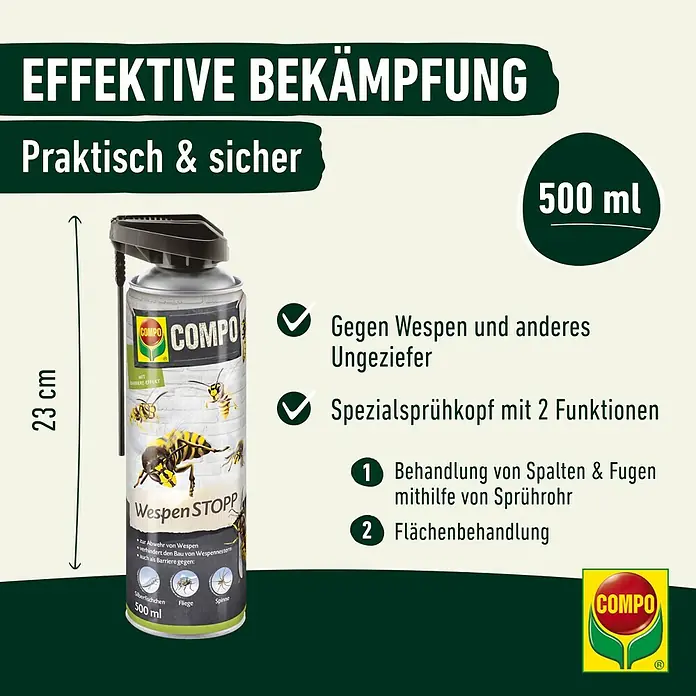 Compo Wespen-Spray WespenStopp - 500 ml - Bild einer COMPO Wespen STOPP Sprühdose, 500 ml, zur effektiven Wespenbekämpfung und Ungezieferabwehr, mit speziellem Sprühkopf für Spalten und Flächen.