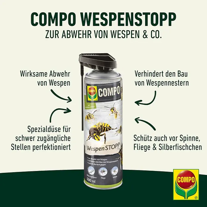 Compo Wespen-Spray WespenStopp - 500 ml - COMPO Wespenstopp zur Abwehr von Wespen und zur Verhinderung von Wespennestern, schützt auch vor Spinnen, Fliegen & Silberfischchen.