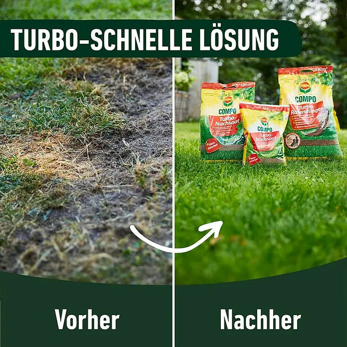 Compo Rasendünger Turbo - 5 kg, Max. Anwendungsfläche: 130 m² - Vorher-Nachher-Vergleich mit COMPO Turbo-Nachsaat & Turbo-Rasendünger: Verwandelt kahle Stellen in einen üppigen, grünen Rasen.