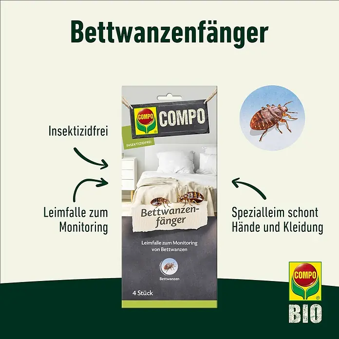Compo Klebefalle Bettwanzenfänger - 4 Stk. - COMPO Bettwanzenfänger: Insektizidfreie Leimfalle zur Überwachung von Bettwanzen. Schont Hände und Kleidung, ideal für den Hausgebrauch.