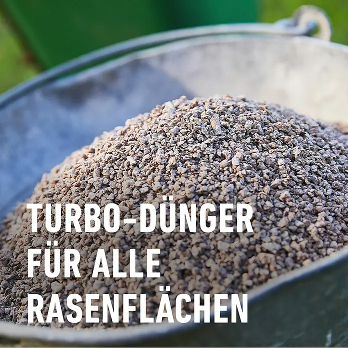 Compo Rasendünger Turbo - 5 kg, Max. Anwendungsfläche: 130 m² - Image of turbo fertilizer for all lawns in a bucket.