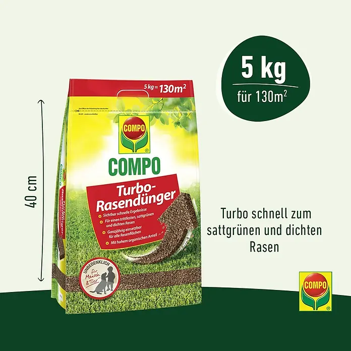 Compo Rasendünger Turbo - 5 kg, Max. Anwendungsfläche: 130 m² - Rasendünger von COMPO, 5 kg für 130 m² Fläche. Der Turbo-Rasendünger sorgt für einen sattgrünen und dichten Rasen und ist unbedenklich für Mensch & Tier.