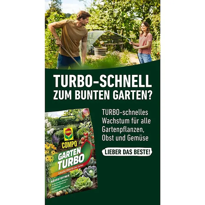 Compo Universaldünger Gartenturbo - 4 kg - Werbung für COMPO Garten Turbo, ein Nährstoffmix für schnelles Wachstum von Pflanzen, Blumen und Neupflanzungen für einen bunten Garten.