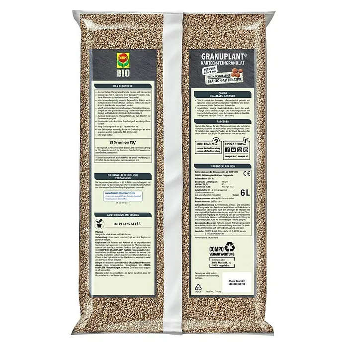 Compo Bio Pflanzgranulat Granuplant Kakteen - 6 l - COMPO BIO Granuplant Kakteen-Feingranulat-Verpackung, nachhaltige Blähton-Alternative für Kakteen und Sukkulenten.