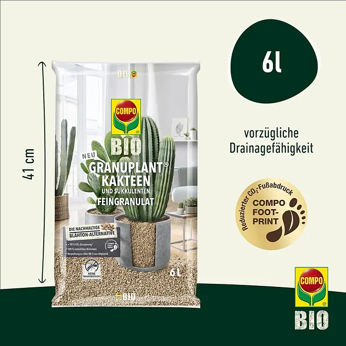 Compo Bio Pflanzgranulat Granuplant Kakteen - 6 l - Abbildung einer 6L-Packung COMPO BIO Granuplant Kakteen- und Sukkulenten-Feingranulat, einer nachhaltigen Alternative zu Blähton.