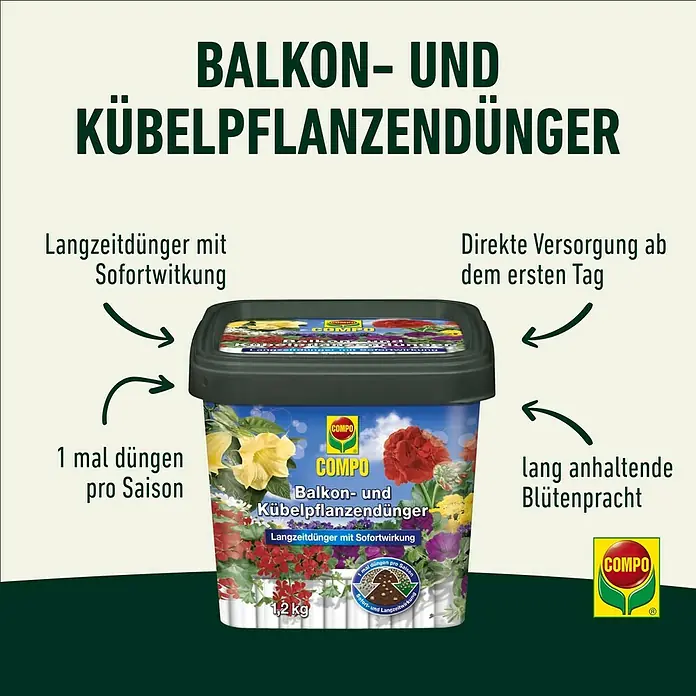 Compo Balkon- & Kübelpflanzen-Nahrung - 1,2 kg - Produktbild eines Compo Balkon- und Kübelpflanzendüngers mit Hinweisen zu den Produkteigenschaften.