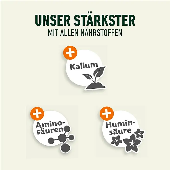 Compo Universaldünger Fortigo - 1 ml - Grafik mit dem Text "UNSER STÄRKSTER", "MIT ALLEN NÄHRSTOFFEN", Kalium, Aminosäuren, Huminsäure und Symbolen.