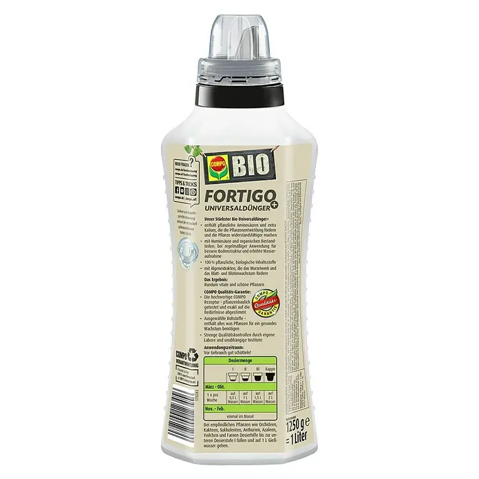 Compo Universaldünger Fortigo - 1 ml - Flasche COMPO BIO Fortigo Universaldünger, ein Bio-Universaldünger für vitales Pflanzenwachstum und erhöhte Widerstandsfähigkeit.