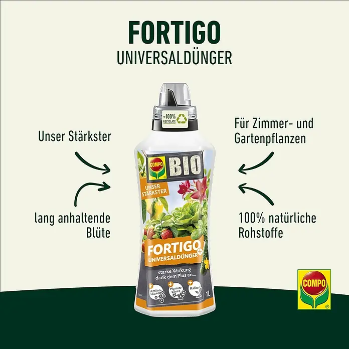 Compo Universaldünger Fortigo - 1 ml - Produktabbildung: COMPO Fortigo Universaldünger Bio, ein biologischer Flüssigdünger für Zimmer- und Gartenpflanzen mit natürlichen Rohstoffen.