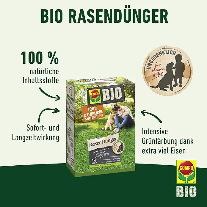 Compo Rasendünger - 3 kg, Max. Anwendungsfläche: 75 m² - COMPO BIO Rasendünger: 100% natürliche Inhaltsstoffe für einen grünen Rasen, unbedenklich für Mensch und Tier.