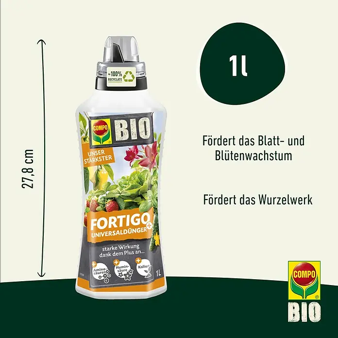 Compo Universaldünger Fortigo - 1 ml - Abbildung einer 1L Flasche COMPO BIO Fortigo Universaldünger, einem biologischen Flüssigdünger für Blatt-, Blüten- und Wurzelwachstum.
