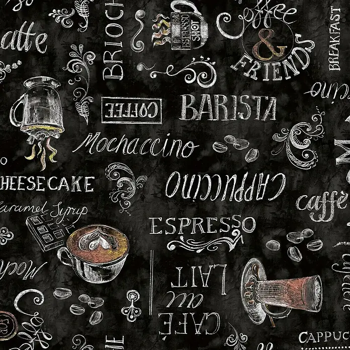 D-c-fix Manhattan Tischdecke Meterware Ristretto - Breite: 140 cm, Schwarz - Ein nahtloses Muster mit Kaffee-Motiven wie Latte, Espresso und Cappuccino auf dunklem Hintergrund.