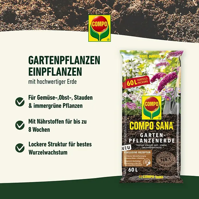 Compo Sana Zimmerpflanzenerde - 60 l - COMPO SANA Gartenerde für Gartenpflanzen, ideal für Gemüse, Obst und Stauden. Mit Nährstoffen für bis zu 8 Wochen und lockerer Struktur.