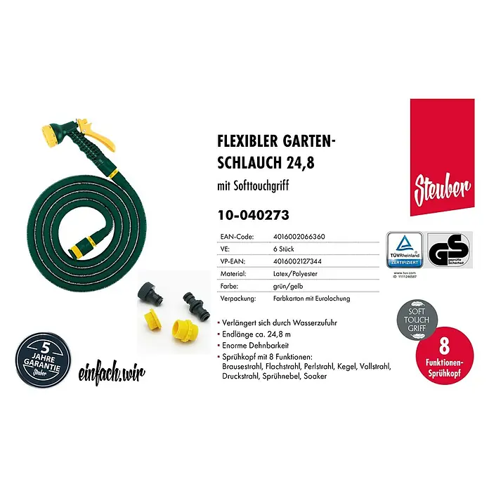 Steuber Gartenschlauch - Länge: 24,8 m, Schlauchdurchmesser: 10 mm, Grün - Abbildung eines flexiblen Gartenschlauchs 24,8 mit Softtouchgriff und 8 Funktionen-Sprühkopf, vielseitig und benutzerfreundlich.