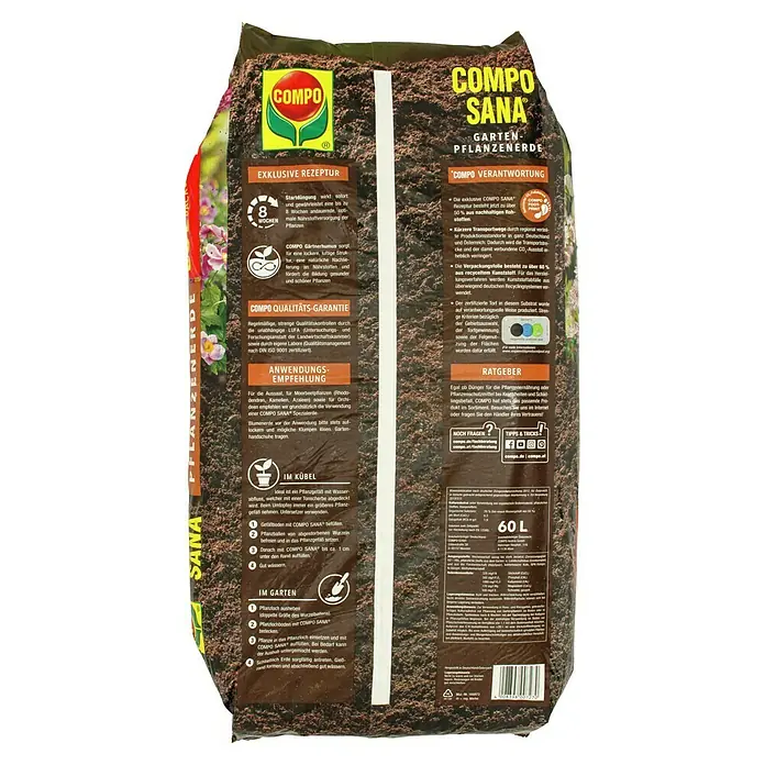 Compo Sana Zimmerpflanzenerde - 60 l - Abbildung einer COMPO SANA Gartenerde-Verpackung. Hochwertige Pflanzerde für Garten und Kübel mit Langzeitwirkung und nachhaltigen Rohstoffen.