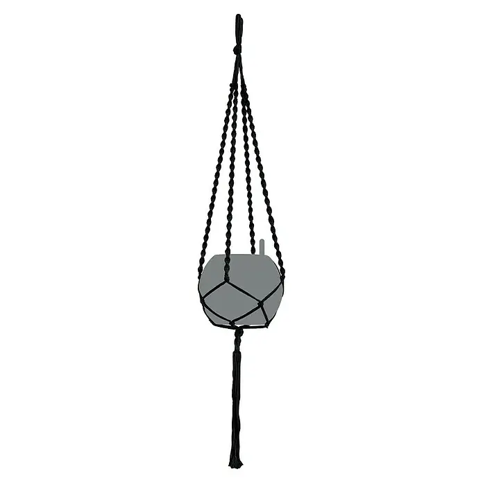Lechuza Blumenampel Makramee Boho - Länge: 120 cm, Baumwolle, Schwarz - Schwarzer Makramee-Pflanzenhänger mit einer grauen Pflanze in der Mitte, der ein modernes und stilvolles Design für Zimmerpflanzen bietet.
