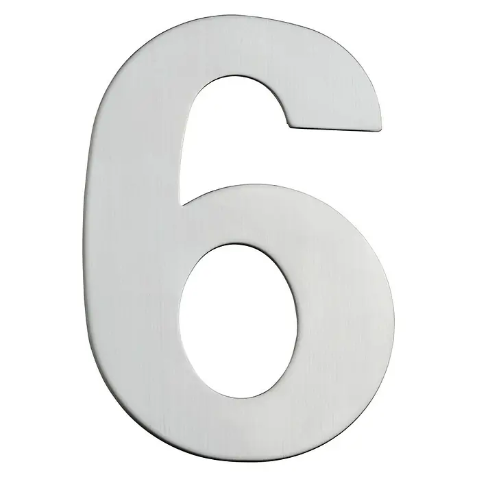 Portaferm Hausnummer 6 - Höhe: 15 cm, Edelstahl, Motiv: 6 - Nahaufnahme der silbernen Hausnummer 6, ideal für eine moderne und stilvolle Beschilderung. Robustes Material für den Außenbereich.