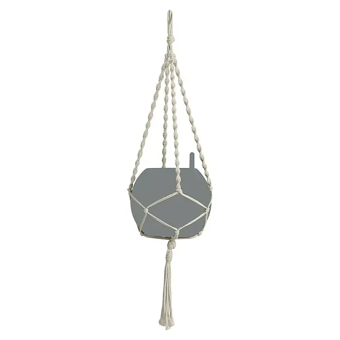 Lechuza Blumenampel Makramee Boho - Länge: 90 cm, Baumwolle, Natur - Ein Makramee-Pflanzenhänger mit einer grauen Pflanzschale, der eine natürliche und dekorative Note für jeden Raum bietet.