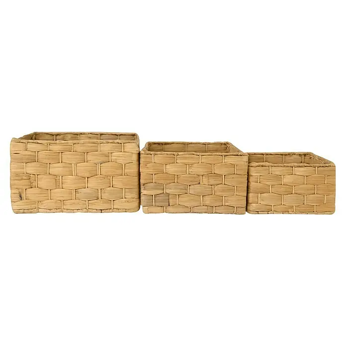 MSV Set de accesorios de baño - Materiales naturales, Beige - Tres cestas cuadradas de mimbre en diferentes tamaños para un almacenamiento elegante.