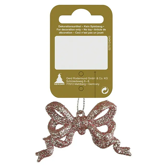 Geroma Christbaumschmuck Glitzerschleife - Rosa, Kunststoff, Schleife, B x L: 7 x 4 mm - Glitzernde Schleife als Dekoration, verpackt mit Hinweisen zur Verwendung und Herstellerinformationen.