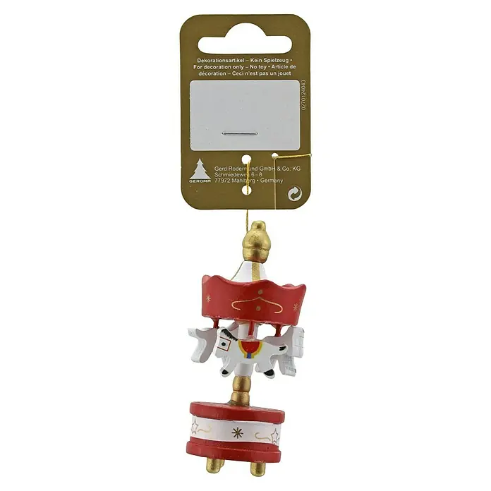 Geroma Christbaumschmuck Karussell - B x H: 3,5 x 8 cm, Rot/Weiß, Holz, 1 Stk. - Detailaufnahme eines Karussell-Ornamentes mit Pferden, rot-weissen Farben und goldenen Akzenten, verpackt auf einer Karte.
