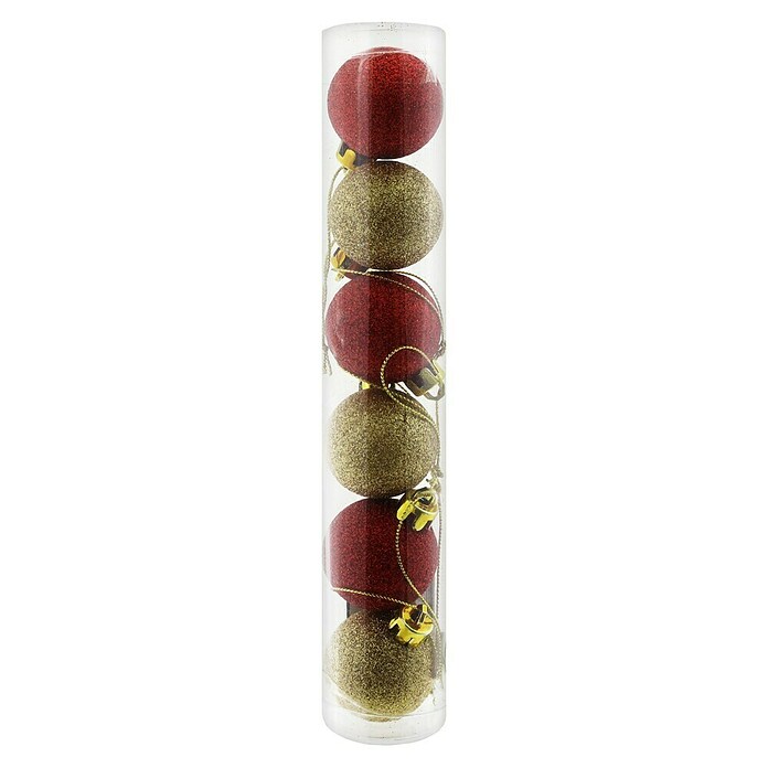 BOX/6 KUGELN A. PLASTIK, 4cm, ROT-GOLD,M. GLITTER