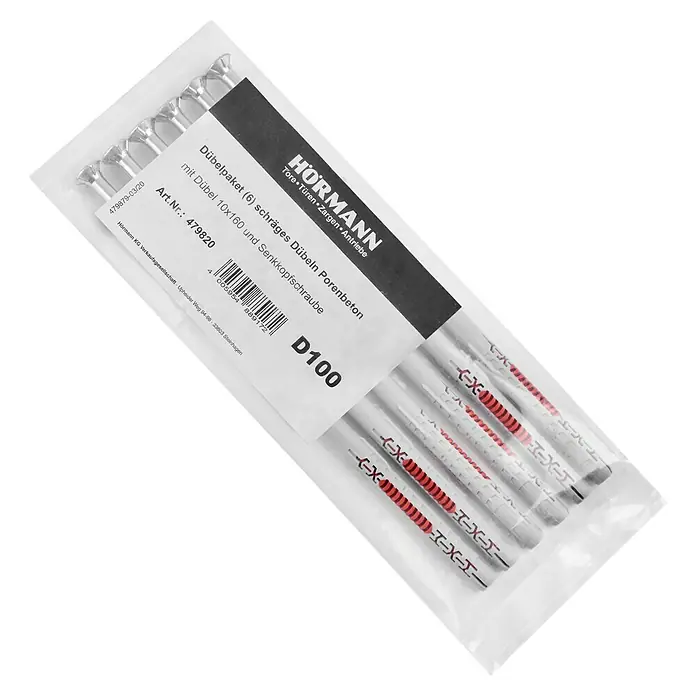 Hörmann Dübel-Set Standard D100 - 10 x 160 mm, 6 Stk., Passend für: Hörmann Brandschutztüren H3-1 OD - Abbildung eines Hormann Dübelpakets mit sechs schrägen Dübeln, geeignet für Porenbeton, inklusive Senkkopfschrauben und der Größe 10x160.