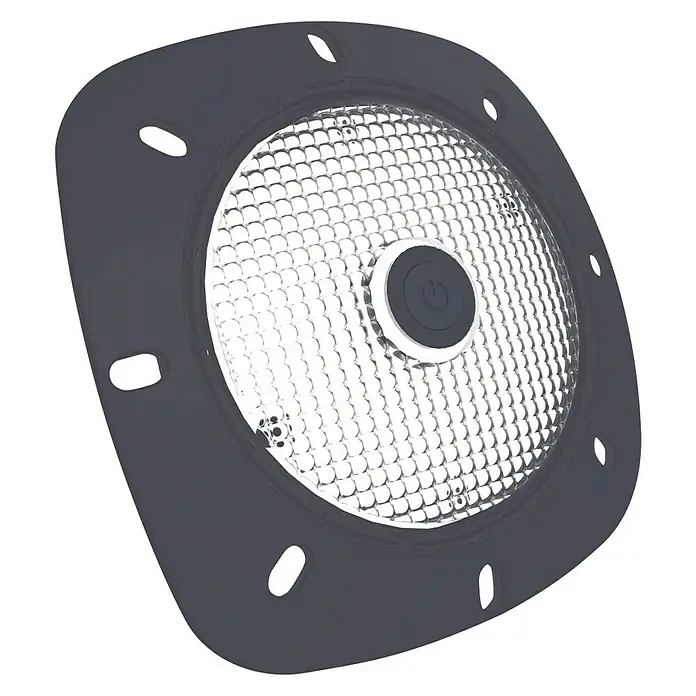 myPool LED-Poolbeleuchtung - 8,6 cm, Grau, LED, Lichtfarbe: Neutralweiß - Nahaufnahme einer quadratischen schwarzen Solarleuchte mit einer runden, facettierten Linse und einem mittigen Ein-/Ausschalter.