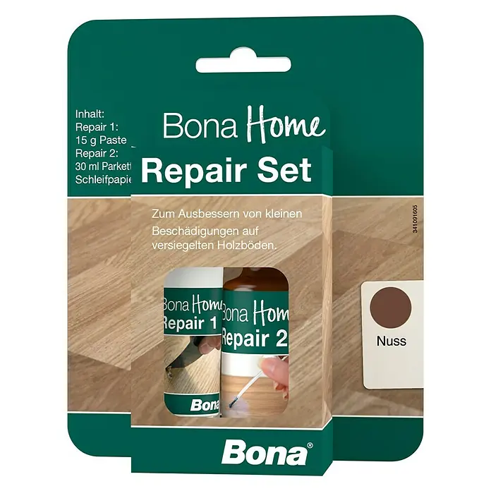 Bona Home Reparatur-Set - Nussbaum, 4 -tlg. - Verpackung des Bona Home Repair Sets Nuss zur Ausbesserung kleiner Schäden auf versiegelten Holzböden.
