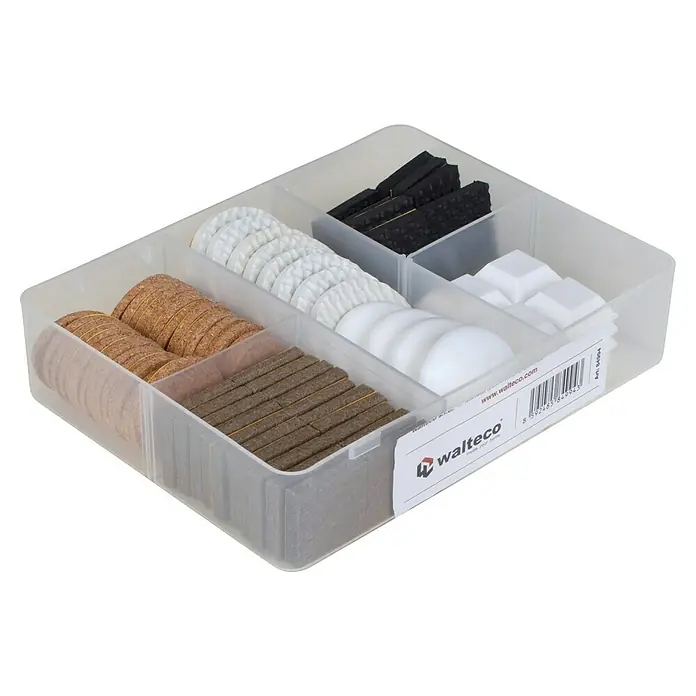 Walteco Türpuffer Filz-Eva-Kork-Gleiter - 82 -tlg. - Eine Sortierbox mit verschiedenen Arten von Möbelgleitern, darunter Filzgleiter, Korkgleiter und Kunststoffgleiter in Weiß und Schwarz.