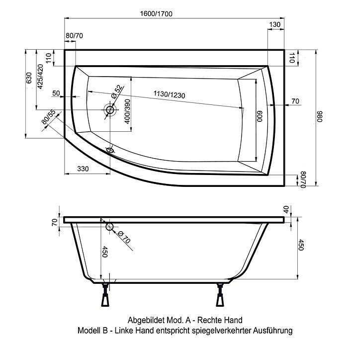 Ottofond Badewanne Juno ARechtsseitig, 160 x 98/63 x 45 cm, Sanitäracryl, Weiß Front View