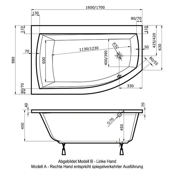 Ottofond Badewanne Juno BLinksseitig, 160 x 98/63 x 45 cm, Sanitäracryl, Weiß Front View