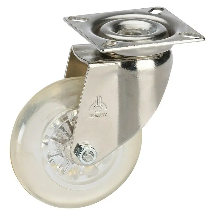 Dörner & Helmer Design-Lenkrolle - Durchmesser Rollen: 75 mm, Traglast: 50 kg, Gleitlager, Mit Platte - Schwenkrolle mit klarer Rolle und glänzendem Metallgehäuse, ideal für Möbel und Geräte.