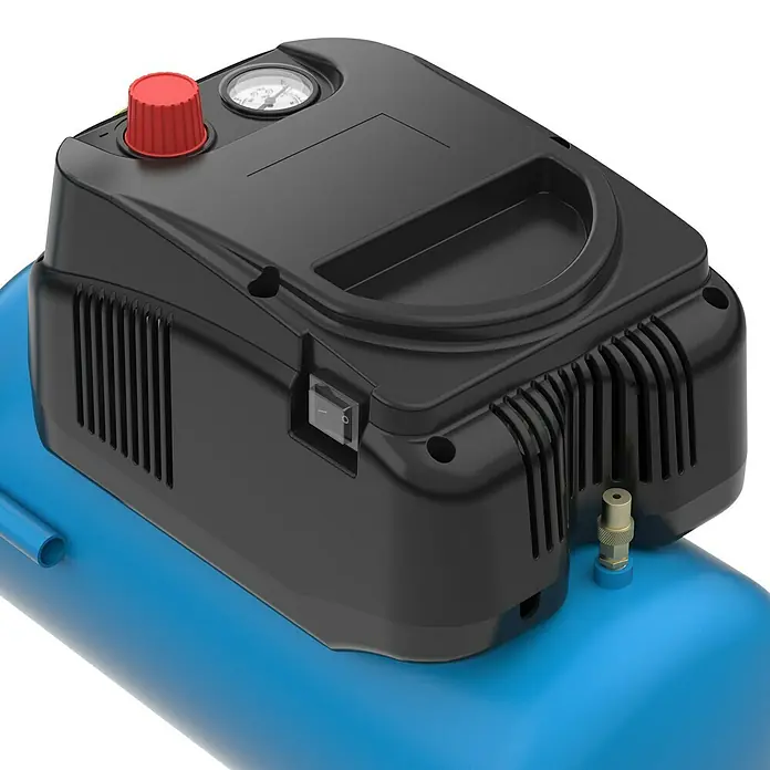 Güde Kompressor 190/08/24 - Max. Druck: 8 bar, 24 l, Schmierung: Ohne - Nahaufnahme eines tragbaren Luftkompressors mit blauem Tank und schwarzem Bedienfeld mit rotem Drehknopf und Manometer.