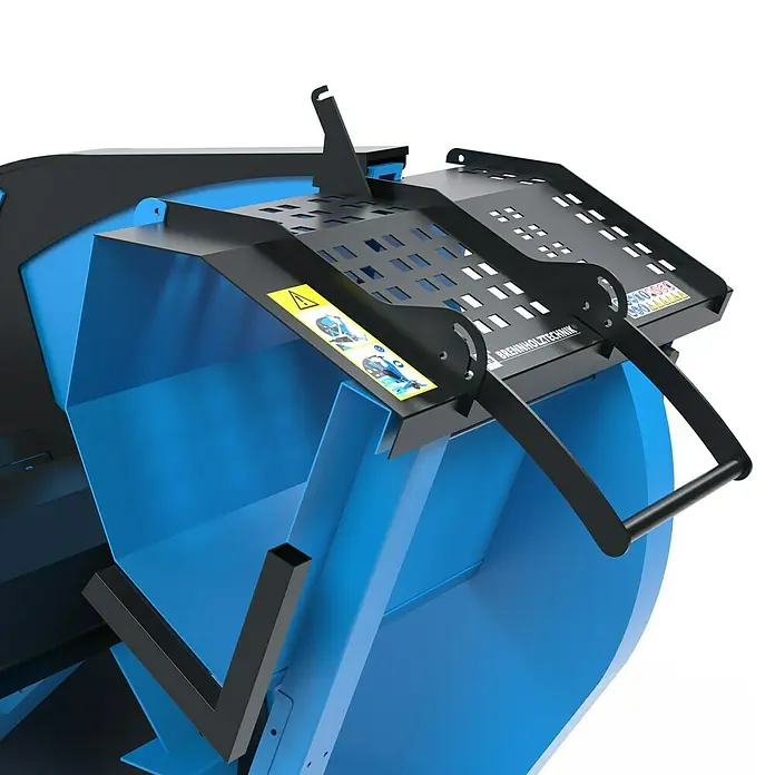 Güde Wippkreissäge BWS 700 - Durchmesser Sägeblatt: 700 mm, Bohrung Sägeblatt: 30 mm - Produktabbildung eines blauen BRENNHOLZTECHNIK-Geräts mit schwarzer Gitterstruktur und Griffen.