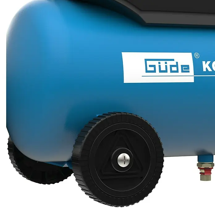 Güde Kompressor 190/08/24 - Max. Druck: 8 bar, 24 l, Schmierung: Ohne - Nahaufnahme eines blauen Güde-Kompressors mit schwarzen Rädern, ideal für Werkstattarbeiten und Heimwerkerprojekte.