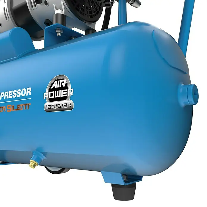 Güde Flüsterkompressor Airpower 150/8/24 Silent - Max. Druck: 8 bar, 24 l, Schmierung: Ohne - Nahaufnahme eines blauen Luftkompressors mit "Air Power"-Logo und technischen Daten, der auf dem Boden steht.