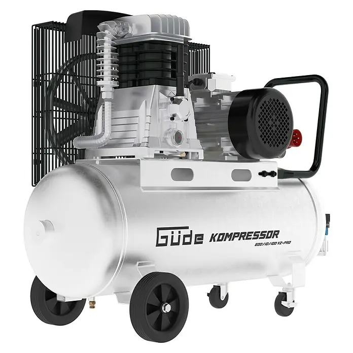 Güde Kompressor 600/10/100 VZ-PRO - 4.000 W, Max. Druck: 10 bar, 100 l, Schmierung: Ölgeschmiert - Ein silberfarbener Güde Kompressor 600/10/100 VZ-PRO mit Rädern und einem schwarzen Motor.