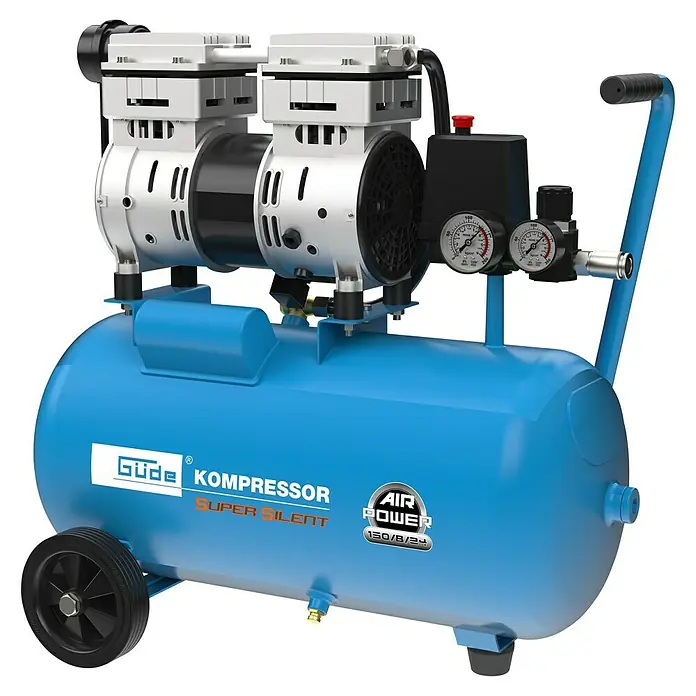 Güde Flüsterkompressor Airpower 150/8/24 Silent - Max. Druck: 8 bar, 24 l, Schmierung: Ohne - Ein blauer Güde Kompressor Super Silent 130/8/24 mit Doppelkolbenaggregat, Druckanzeige und Rädern für einfachen Transport.