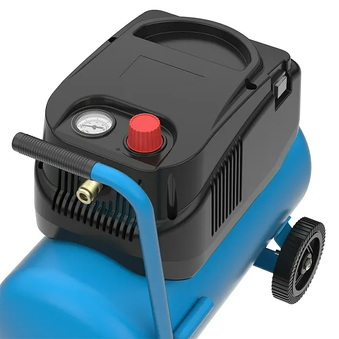 Güde Kompressor 190/08/24 - Max. Druck: 8 bar, 24 l, Schmierung: Ohne - Ein blauer tragbarer Luftkompressor mit schwarzem Motoraufsatz, Druckanzeige und rotem Knopf für Druckeinstellung.