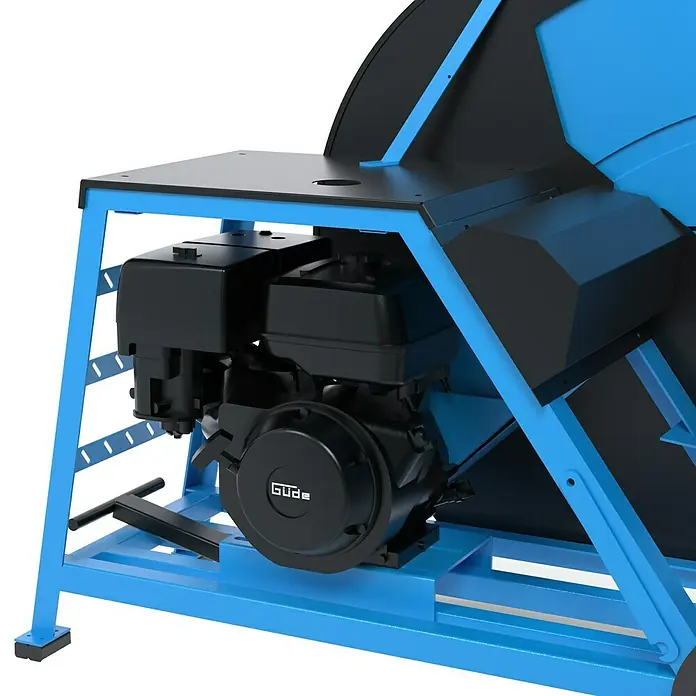 Güde Wippkreissäge BWS 700 - Durchmesser Sägeblatt: 700 mm, Bohrung Sägeblatt: 30 mm - Detailaufnahme einer blauen Güde Wippsäge mit schwarzem Motor. Robuste Konstruktion für effizientes Holzsägen.