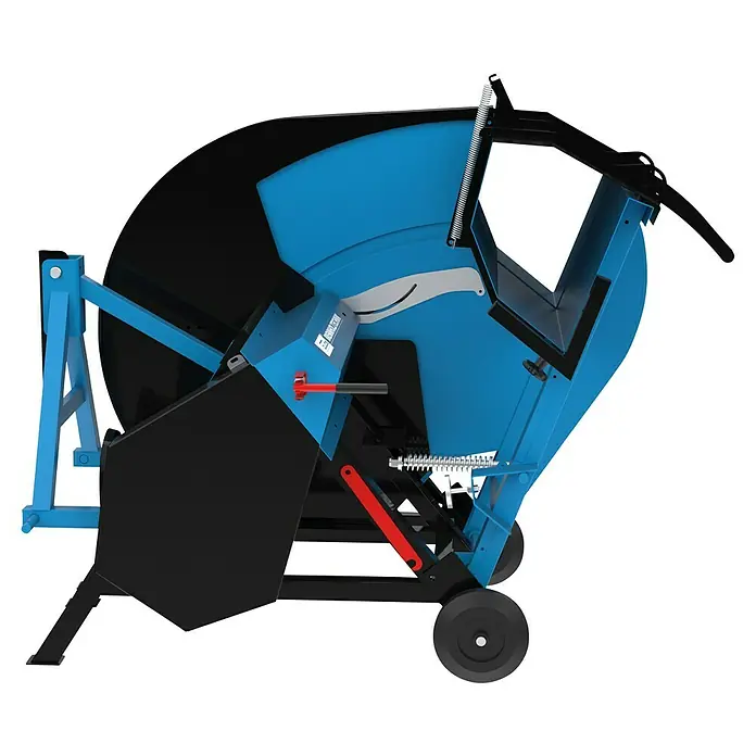 Güde Wippkreissäge GWS 700 ZR HM-2 - Durchmesser Sägeblatt: 700 mm, Bohrung Sägeblatt: 30 mm - Ansicht einer blauen Iseltec Steintrennmaschine mit schwarzer Abdeckung und Rad für den mobilen Einsatz auf Baustellen.
