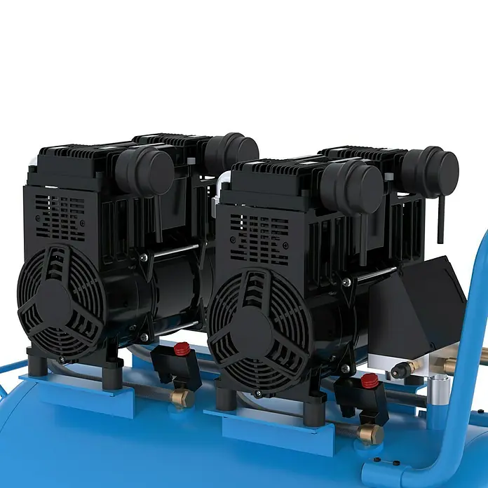 Güde Flüsterkompressor Airpower 675/8/100 ED-Silent - 4.400 W, Max. Druck: 8 bar, 100 l, Schmierung: Ohne - Nahaufnahme eines blauen Luftkompressors mit schwarzen Motoren und Lüftern. Kompakte Bauweise für vielseitige Anwendungen.