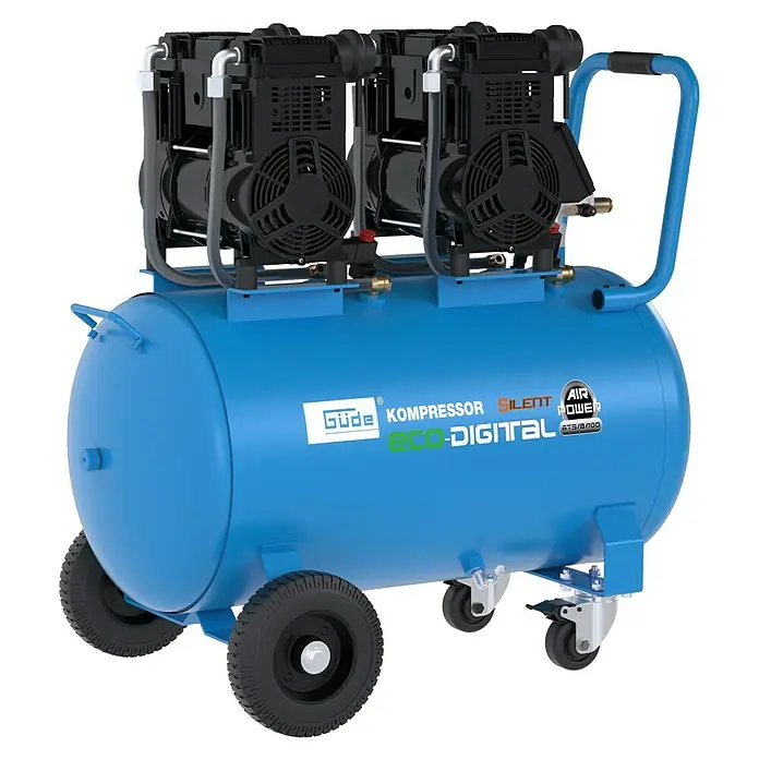 Güde Flüsterkompressor Airpower 675/8/100 ED-Silent - 4.400 W, Max. Druck: 8 bar, 100 l, Schmierung: Ohne - Abbildung eines blauen Güde Eco-Digital Kompressors mit zwei schwarzen Motoren und Rädern.