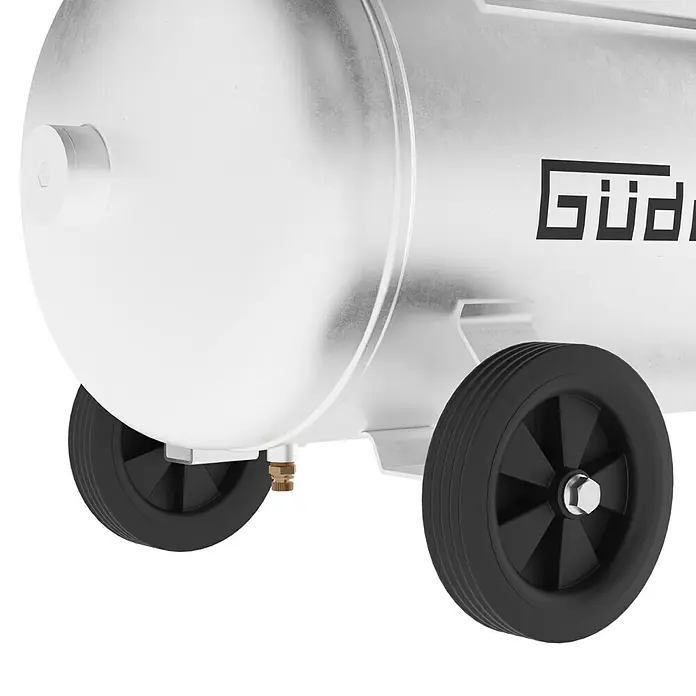 Güde Kompressor 600/10/100 VZ-PRO - 4.000 W, Max. Druck: 10 bar, 100 l, Schmierung: Ölgeschmiert - Nahaufnahme eines Güde-Druckluftkompressors mit schwarzen Rädern, ideal für Werkstattarbeiten.