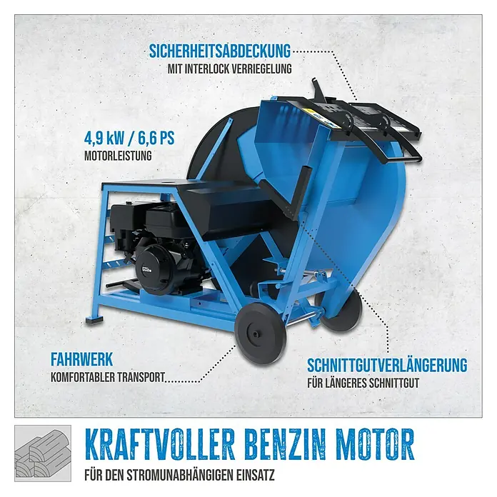 Güde Wippkreissäge BWS 700 - Durchmesser Sägeblatt: 700 mm, Bohrung Sägeblatt: 30 mm - Produktabbildung einer blauen Wippkreissäge mit Benzinmotor, Fahrwerk und Schnittgutverlängerung. Sichere Holzbearbeitung!