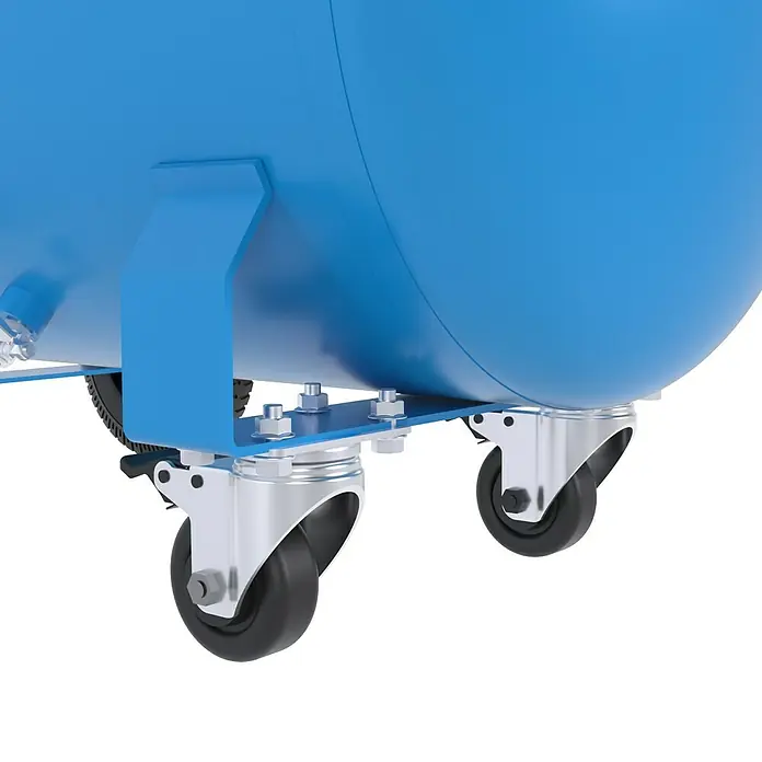 Güde Flüsterkompressor Airpower 675/8/100 ED-Silent - 4.400 W, Max. Druck: 8 bar, 100 l, Schmierung: Ohne - Nahaufnahme eines blauen Druckluftbehälters mit Rollen für den einfachen Transport und die Handhabung.